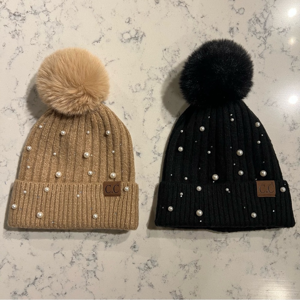 2 C.C Pearl Pom Beanie Bundle- Black and Tan